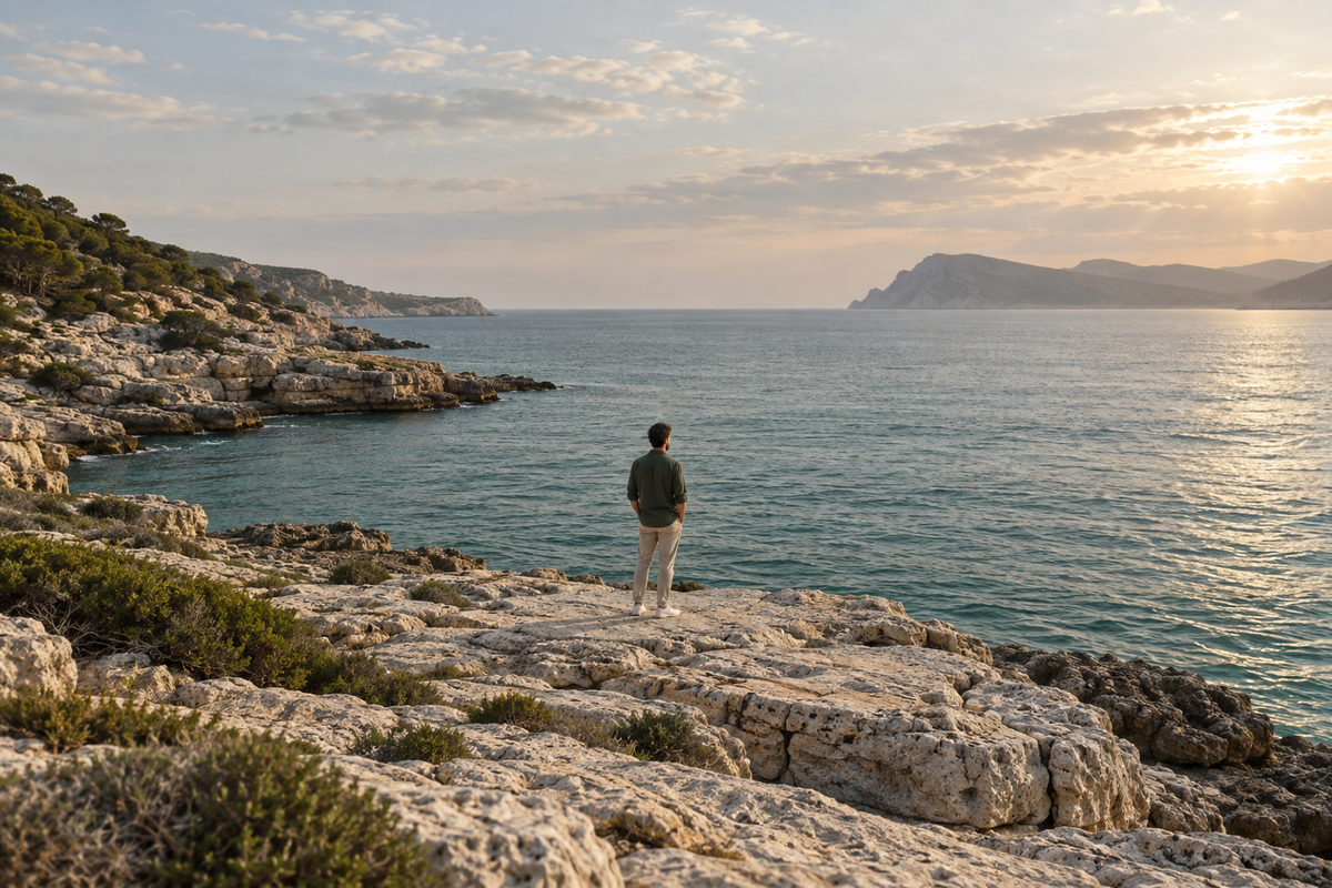 A solitary figure looks across a calm sea from a pale rocky coast.