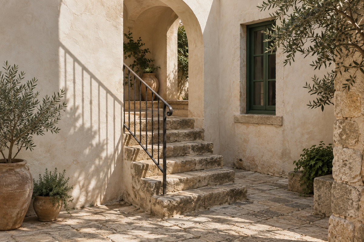 Sunlit stone stairs, an arch and a green window in a quiet Mediterranean courtyard.