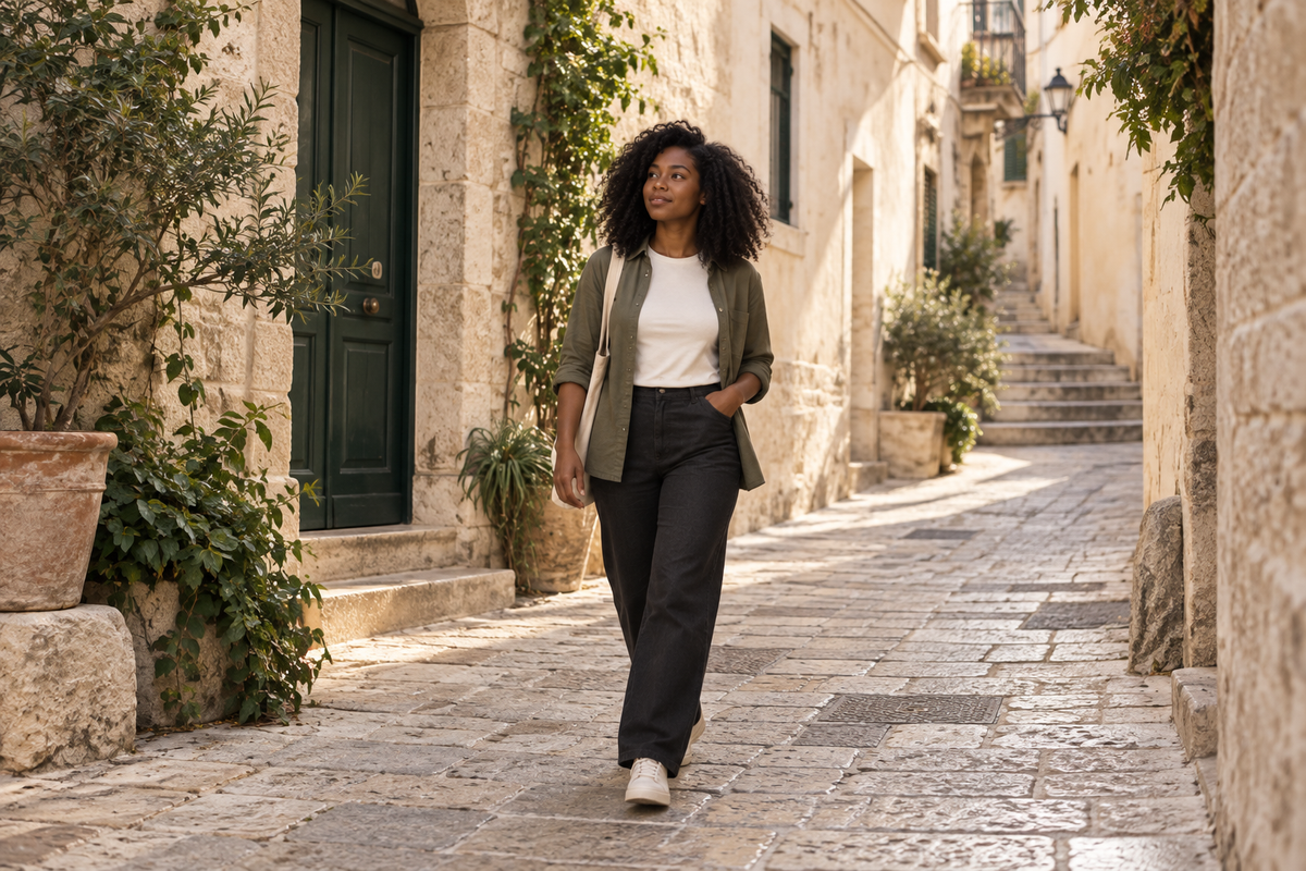 A woman walks through a sunlit limestone lane with a deep green doorway.