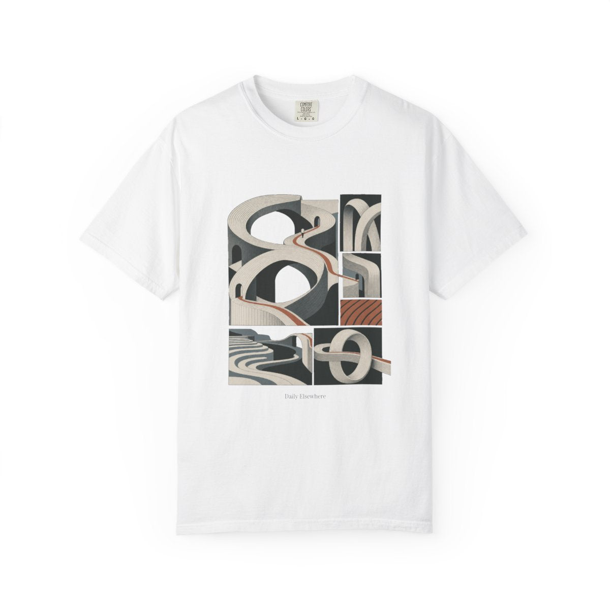 Elsewhere, in Pieces collection — original architectural front-print T-shirts.