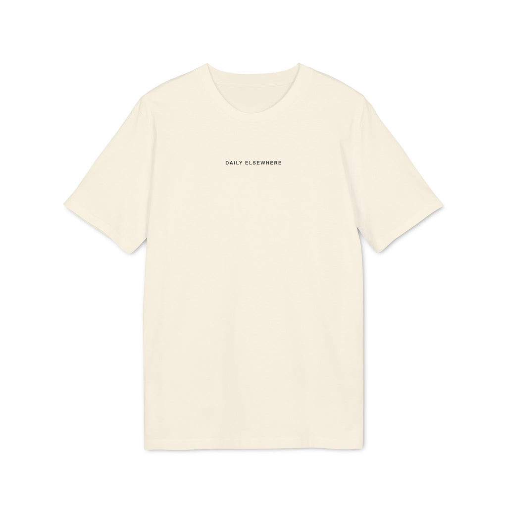 Front of a Natural Raw organic-cotton T-shirt with a small Daily Elsewhere chest wordmark.