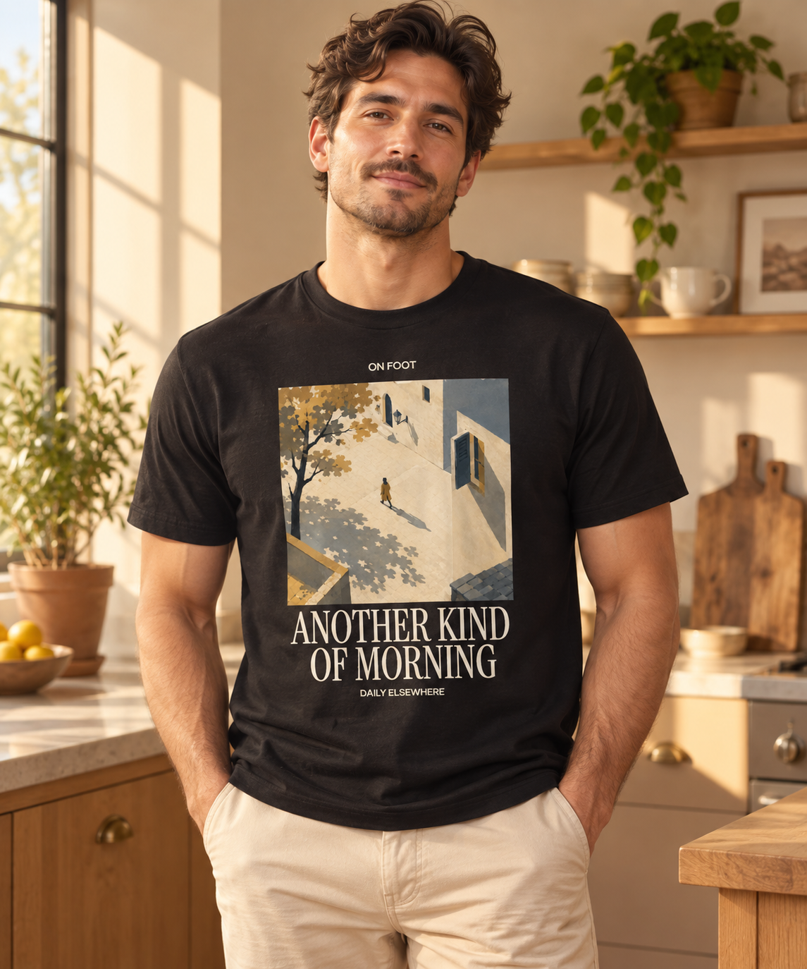 Another Kind Of Morning — Male model wearing a dark T-shirt with light front artwork. Daily Elsewhere.