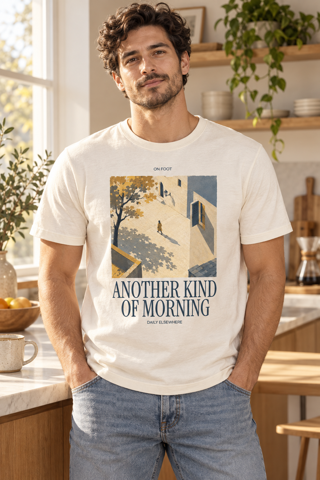 Another Kind Of Morning — Male model wearing a light T-shirt with the front artwork. Daily Elsewhere.