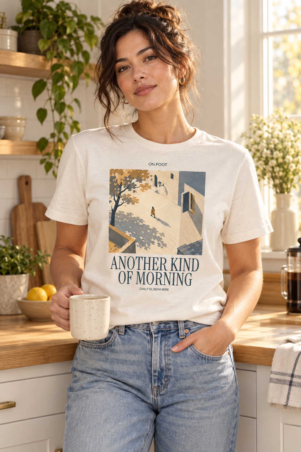 Another Kind Of Morning — Female model wearing a light T-shirt with the front artwork. Daily Elsewhere.