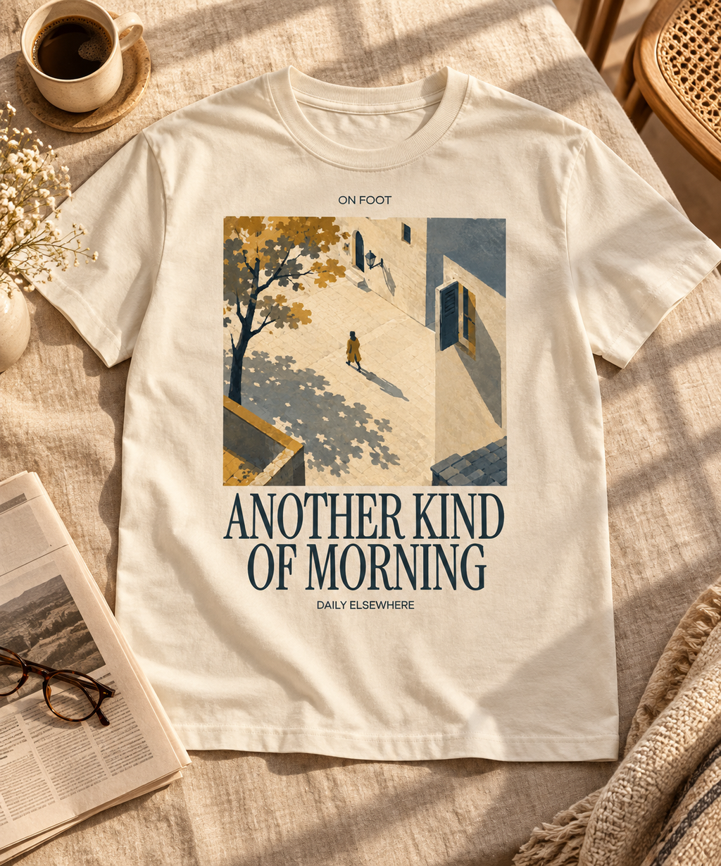 Another Kind Of Morning — Light T-shirt with the front artwork on a contextual background. Daily Elsewhere.