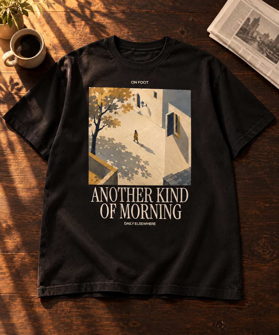 Another Kind Of Morning — Dark T-shirt with light front artwork on a contextual background. Daily Elsewhere.
