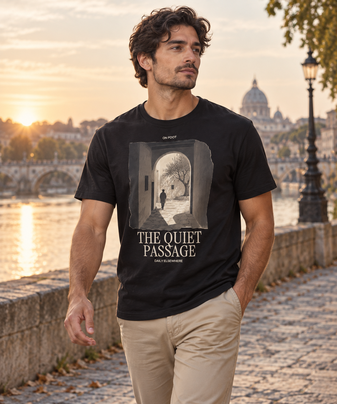 Man wearing a dark T-shirt with the The Quiet Passage front print.