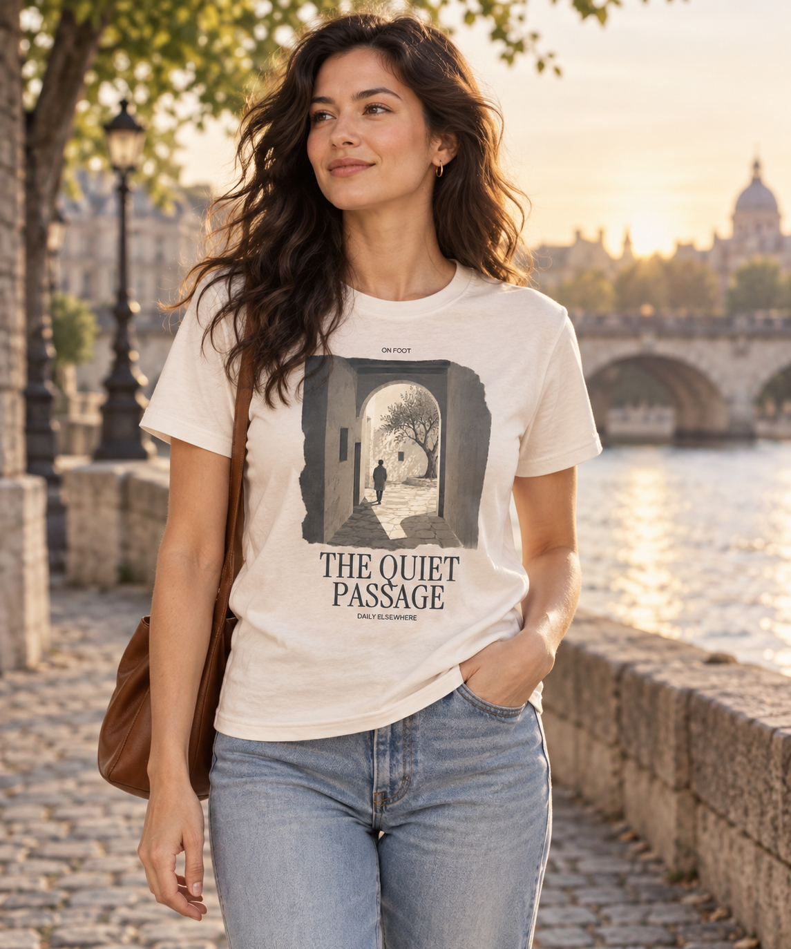 Woman wearing a light T-shirt with the The Quiet Passage front print.