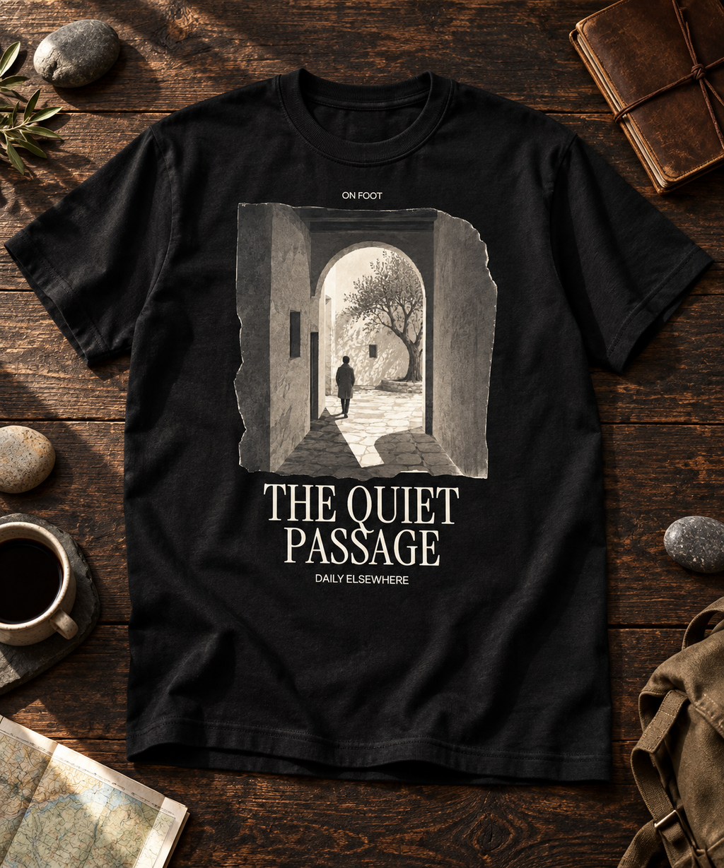 Dark T-shirt in a contextual setting with the The Quiet Passage front print.