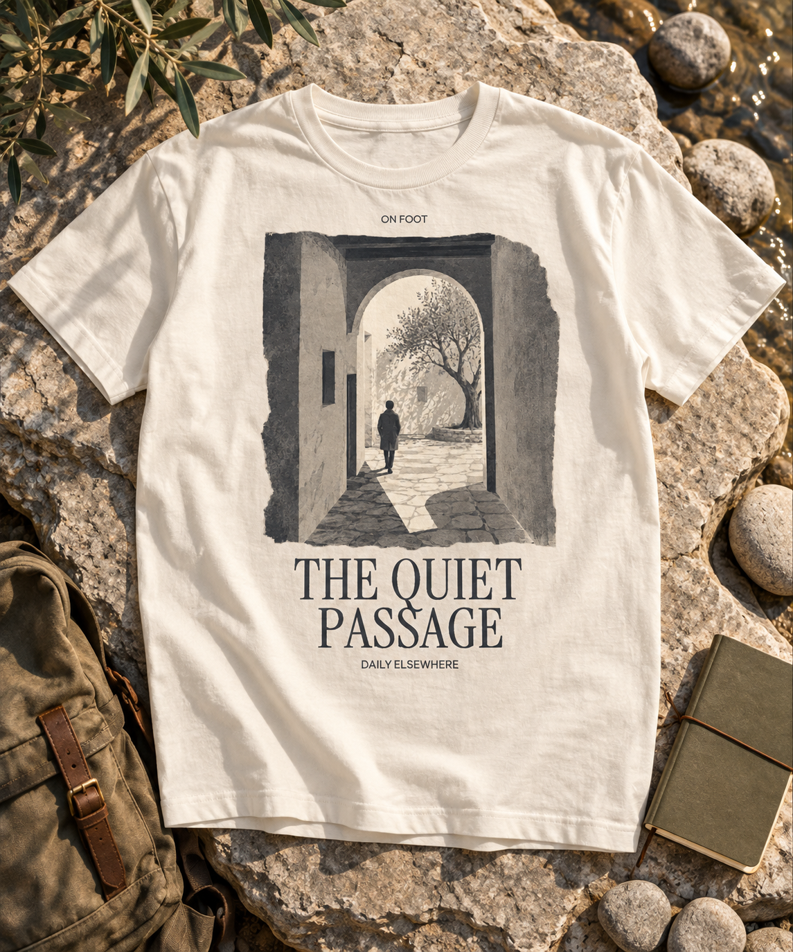 Light T-shirt in a contextual setting with the The Quiet Passage front print.
