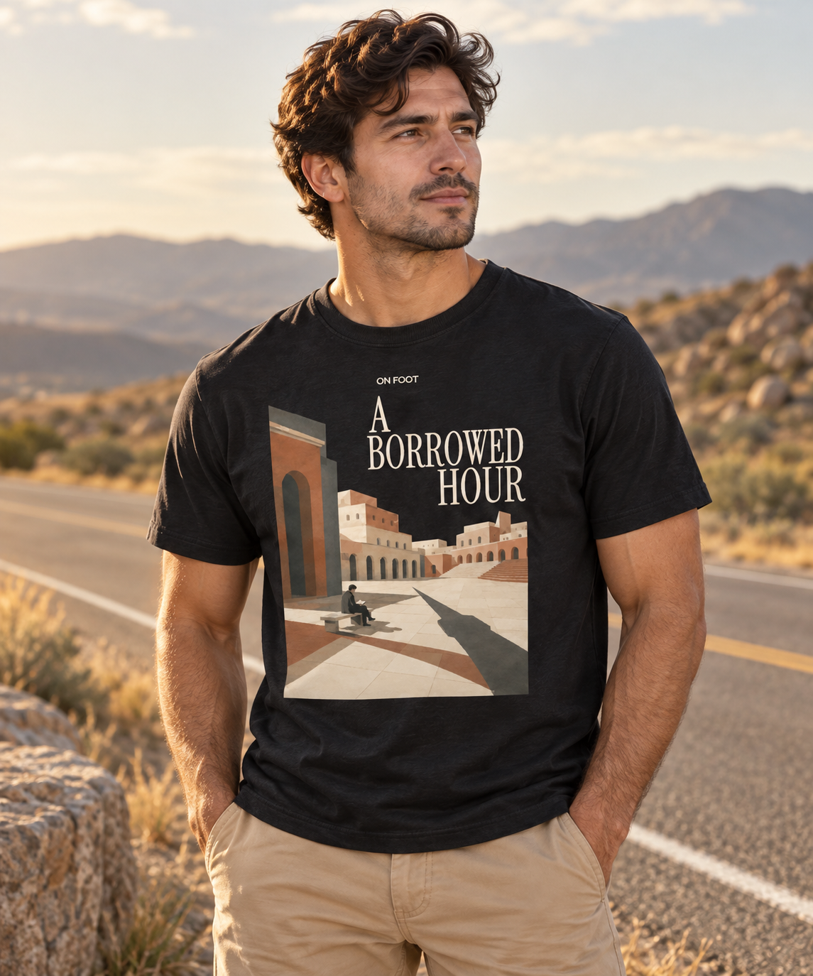 Male model wearing the A Borrowed Hour black T-shirt with light title lettering and courtyard artwork.
