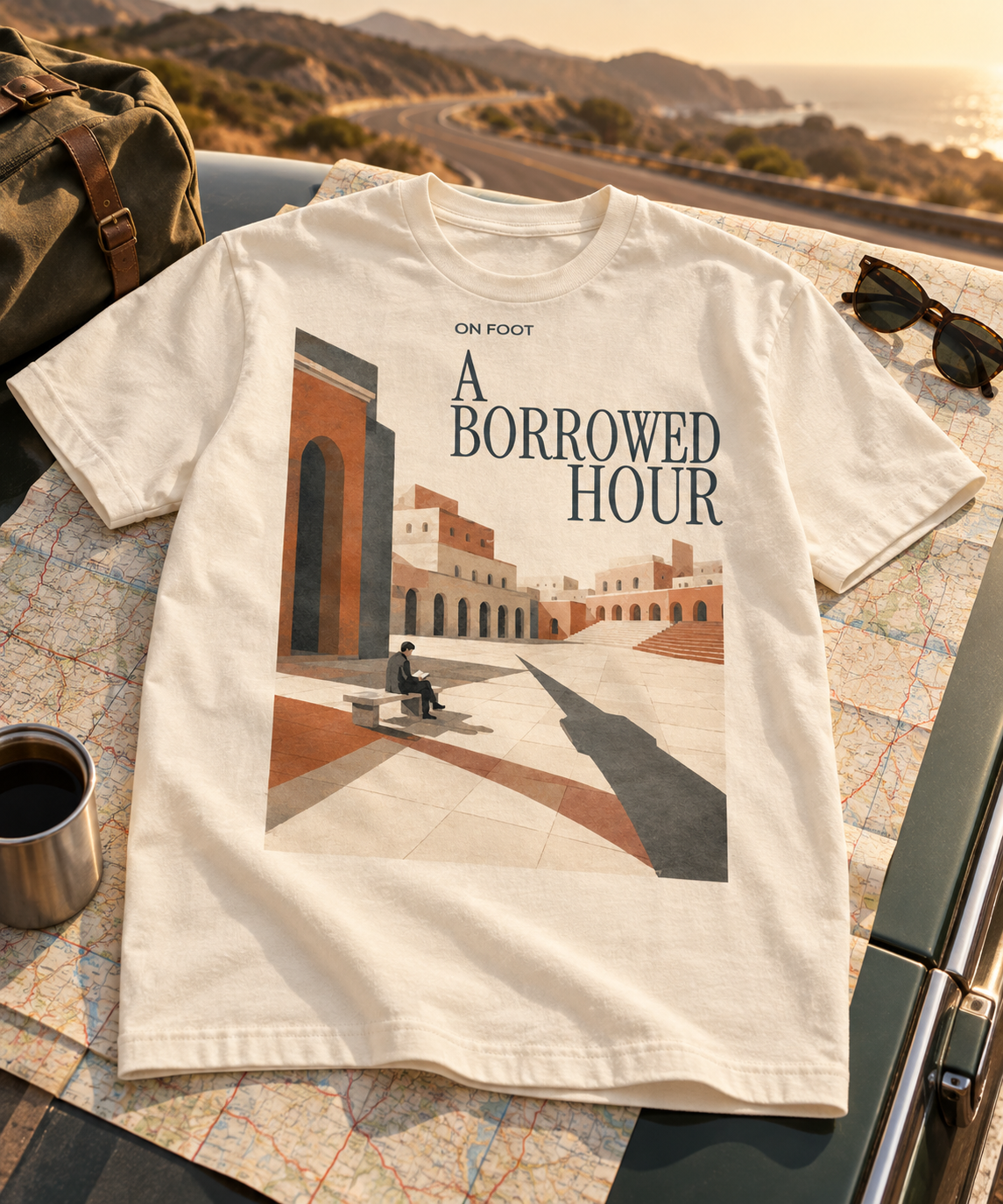 A Borrowed Hour Natural Raw T-shirt with dark title lettering, styled with a map and travel accessories beside a coastal road.