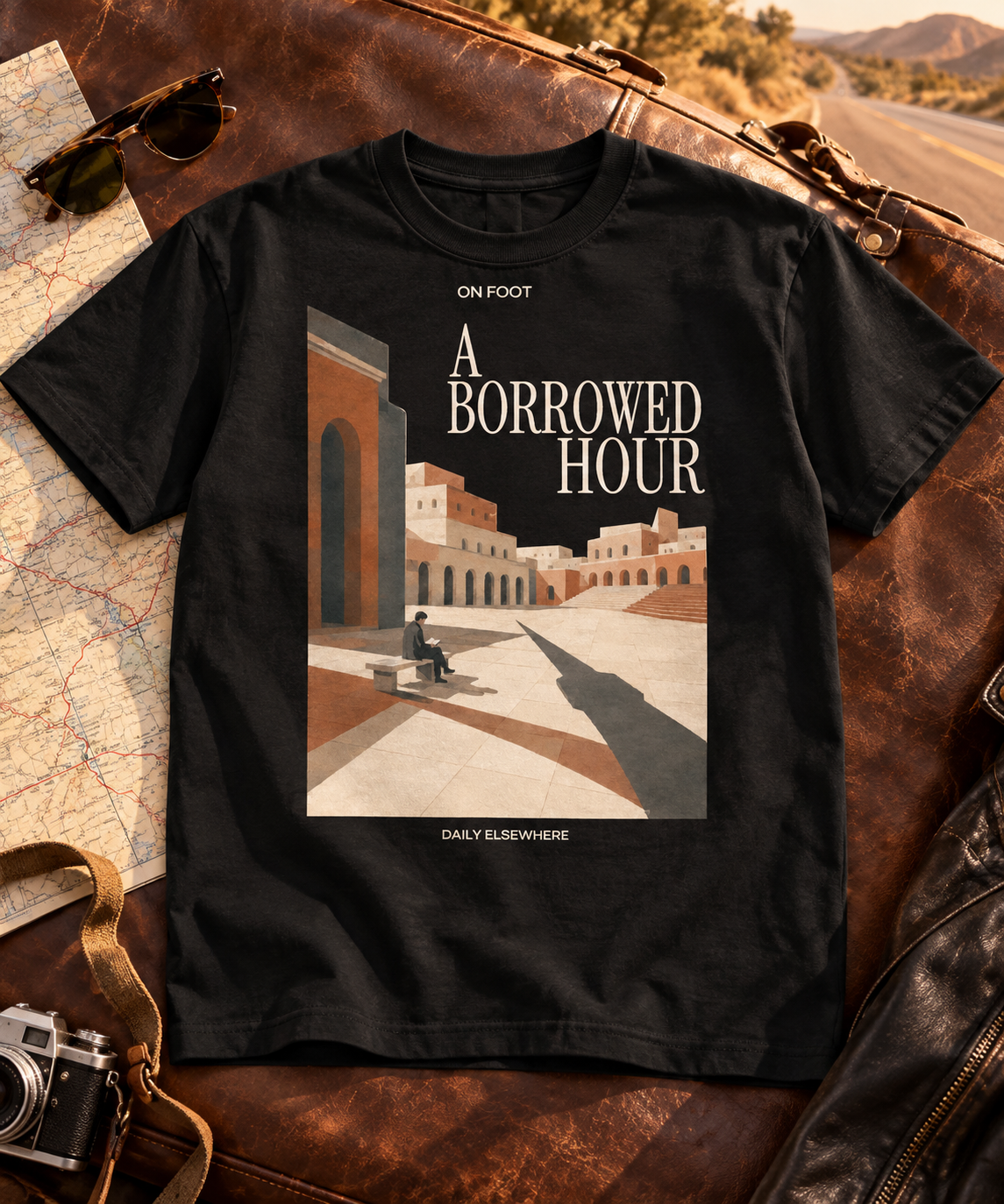 A Borrowed Hour black T-shirt with light title lettering, arranged on a vintage suitcase with travel accessories.