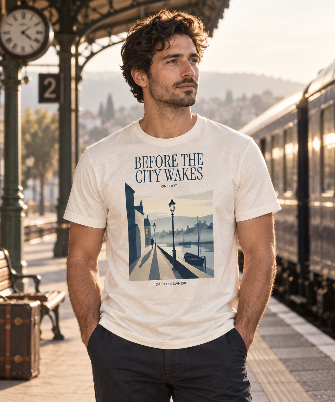 Man wearing a Natural Raw Before the City Wakes T-shirt with harbour, streetlamp and walking figure artwork at a warm early-morning railway station.