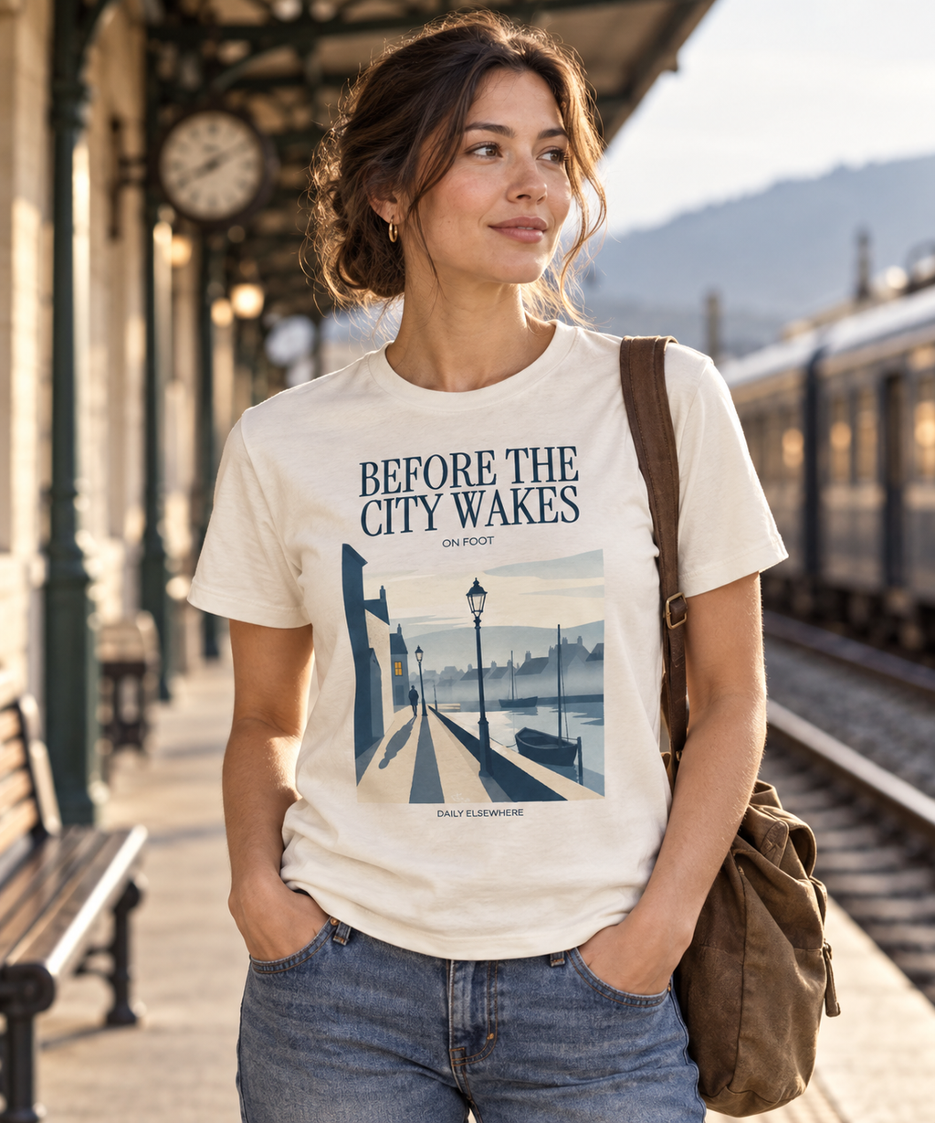 Woman wearing a Natural Raw Before the City Wakes T-shirt with harbour, streetlamp and walking figure artwork at a warm early-morning railway station.