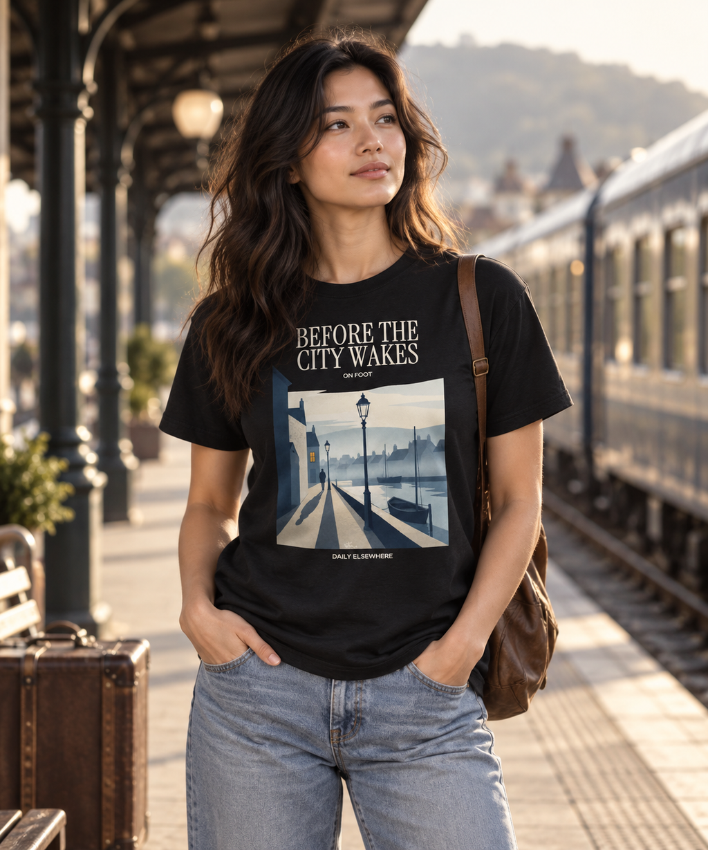 Woman wearing a Black Before the City Wakes T-shirt with harbour, streetlamp and walking figure artwork at a warm early-morning railway station.
