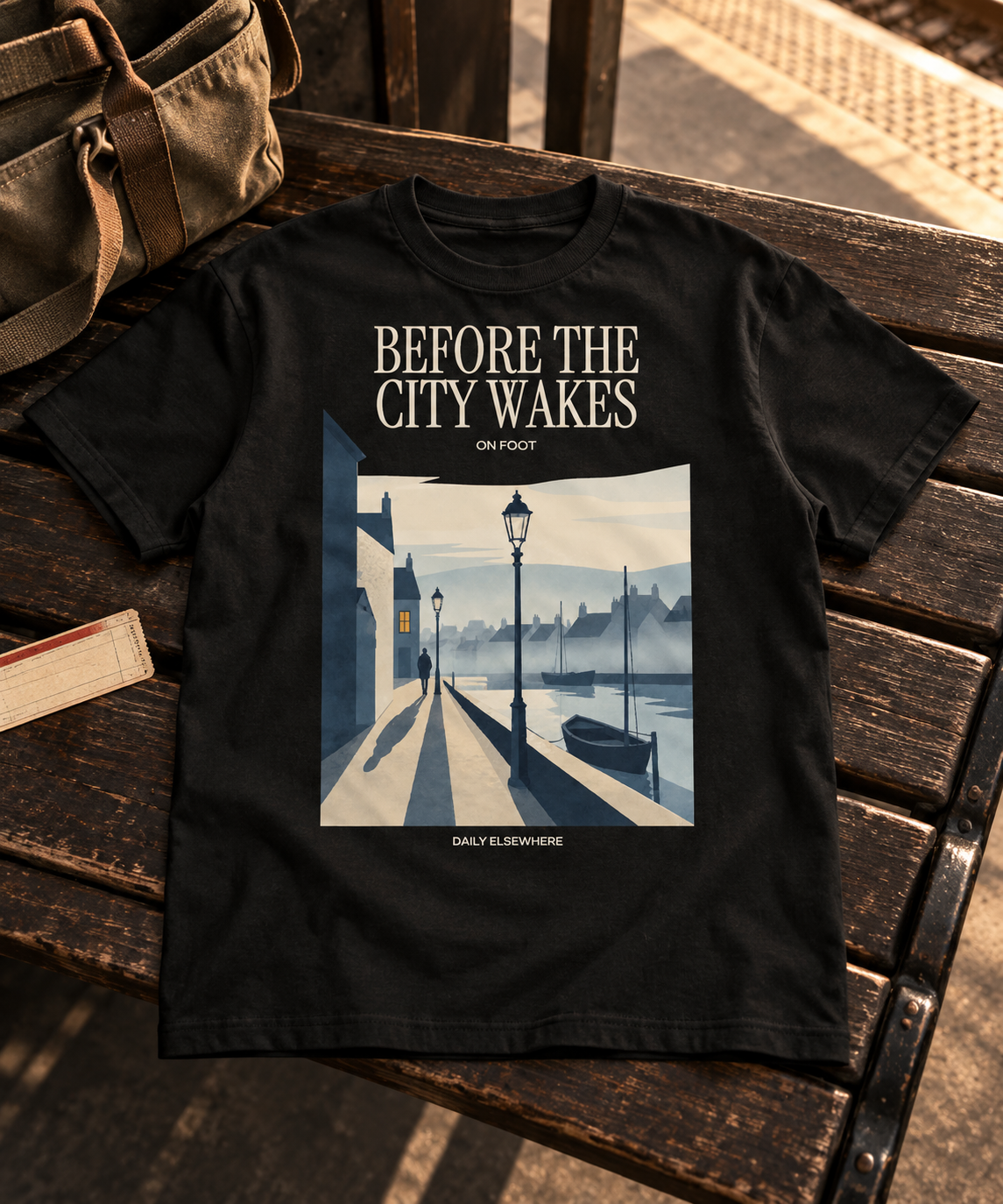 Front view of a Black Before the City Wakes T-shirt with harbour, streetlamp and walking figure artwork at a warm early-morning railway station.