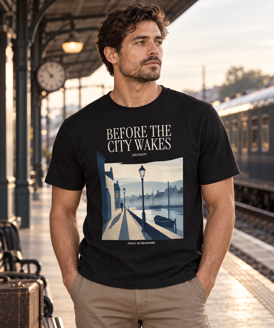 Man wearing a Black Before the City Wakes T-shirt with harbour, streetlamp and walking figure artwork at a warm early-morning railway station.