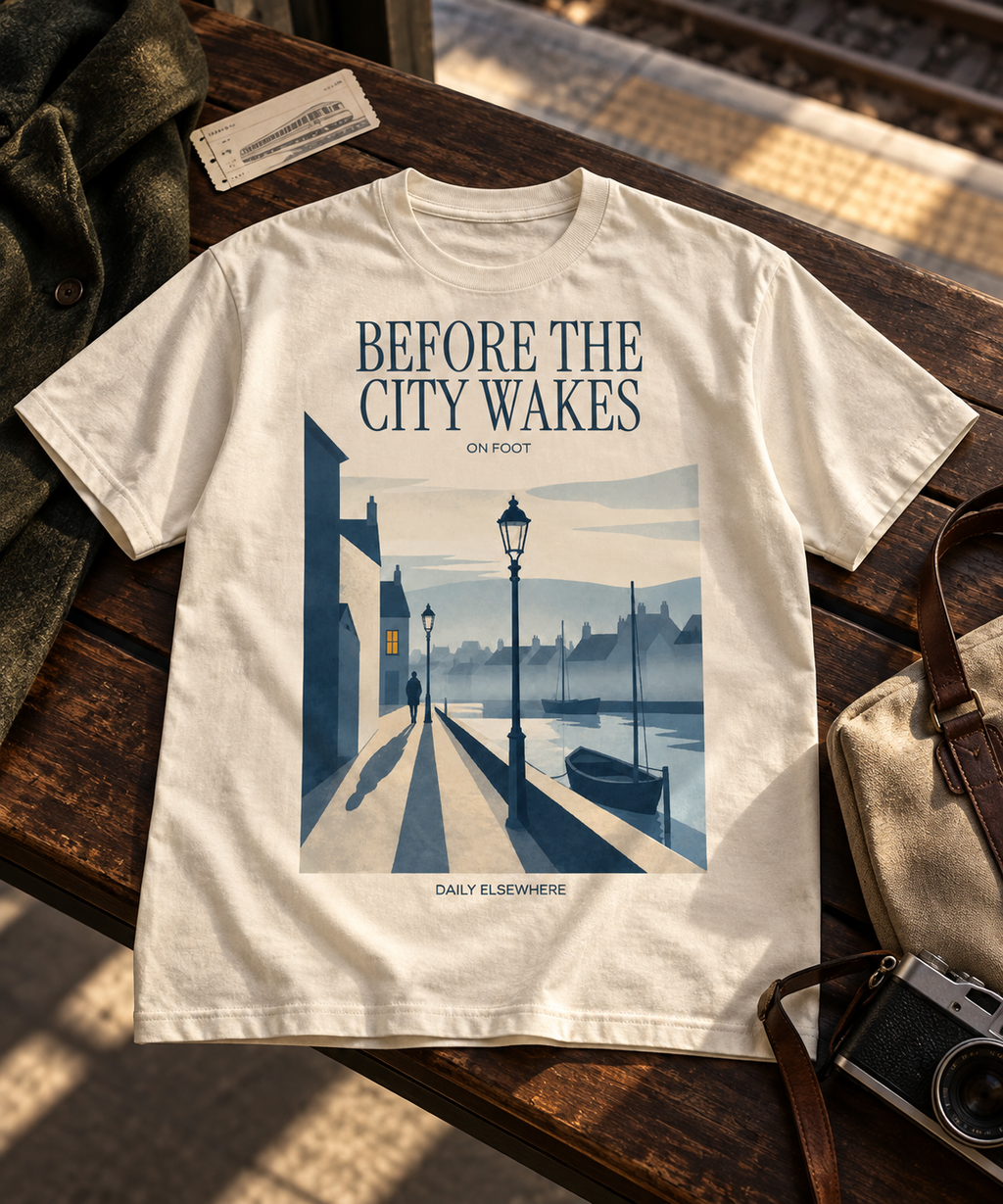 Front view of a Natural Raw Before the City Wakes T-shirt with harbour, streetlamp and walking figure artwork at a warm early-morning railway station.