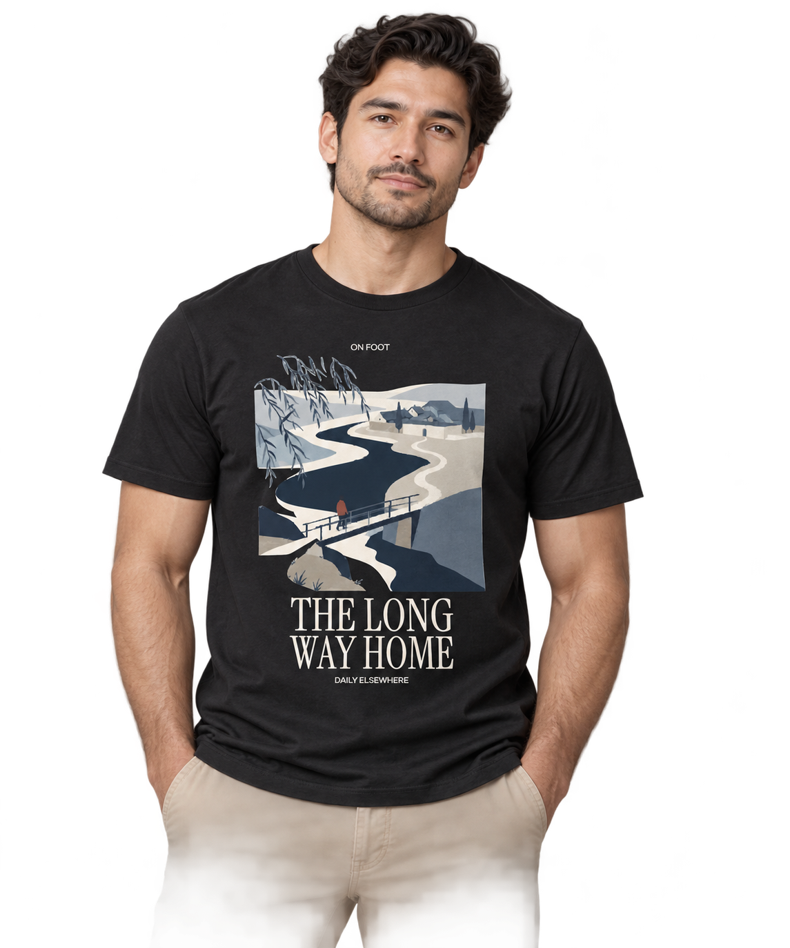 The Long Way Home — Male model wearing a dark T-shirt with light front artwork. Daily Elsewhere.
