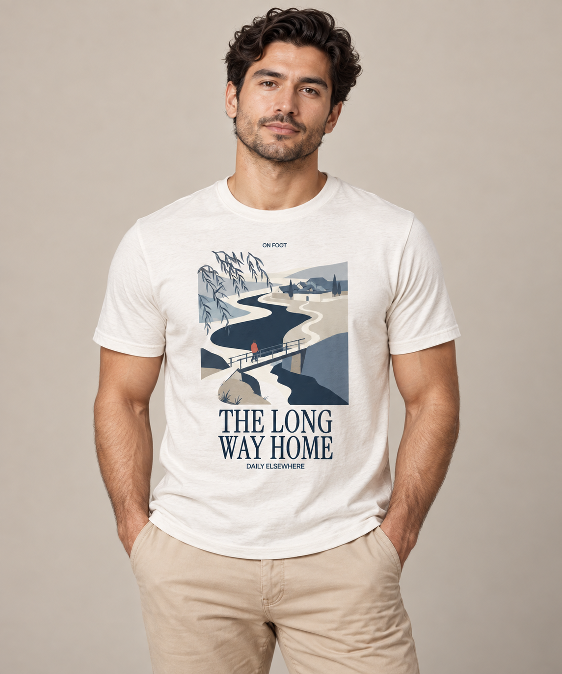 The Long Way Home — Male model wearing a light T-shirt with the front artwork. Daily Elsewhere.