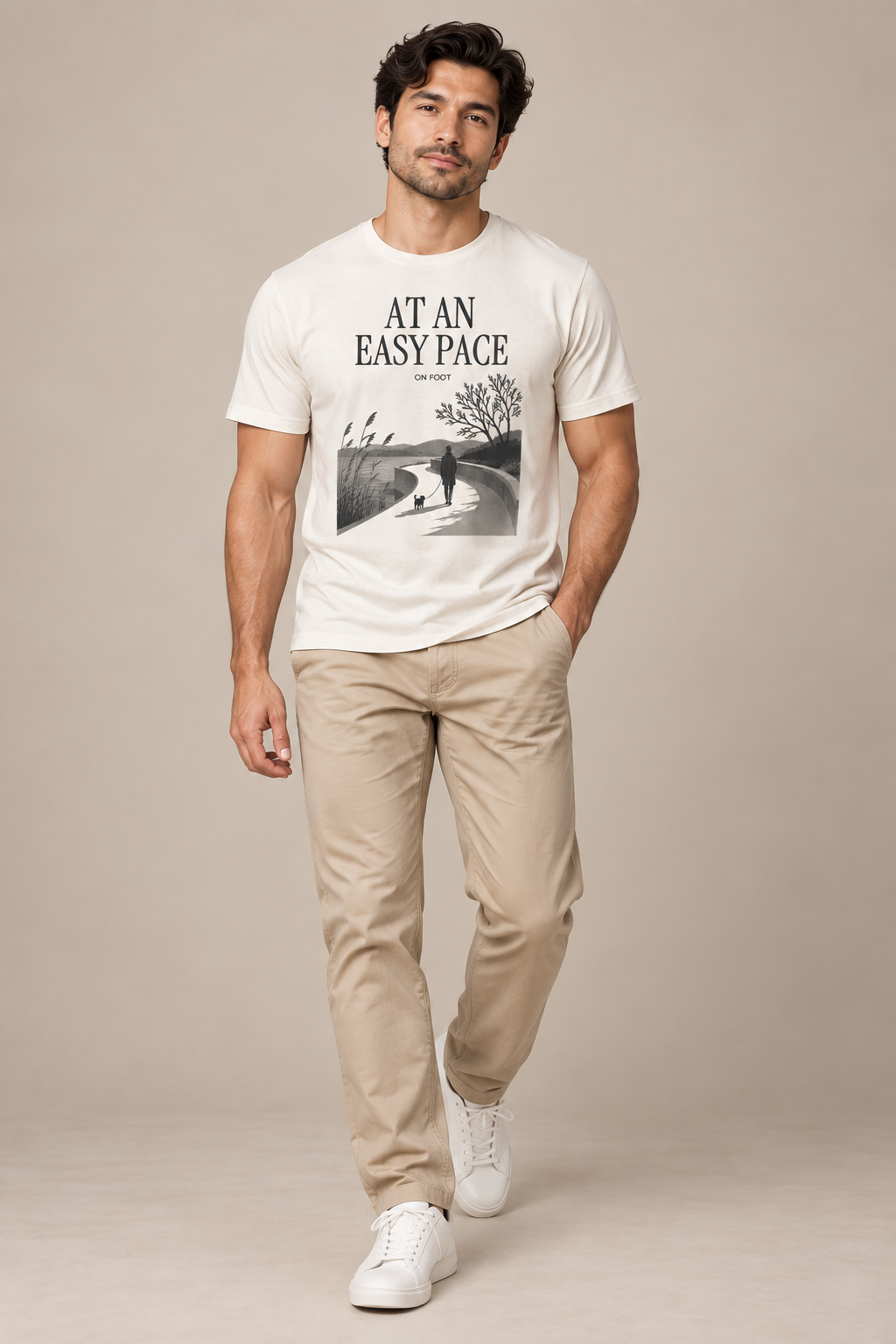 At An Easy Pace — Male model wearing a light T-shirt with the front artwork. Daily Elsewhere.