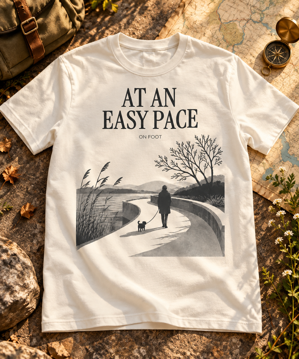At An Easy Pace — Light T-shirt with the front artwork on a contextual background. Daily Elsewhere.