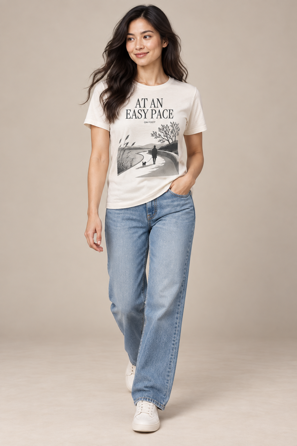 At An Easy Pace — Female model wearing a light T-shirt with the front artwork. Daily Elsewhere.