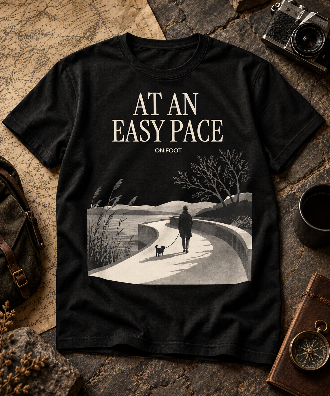 At An Easy Pace — Dark T-shirt with light front artwork on a contextual background. Daily Elsewhere.