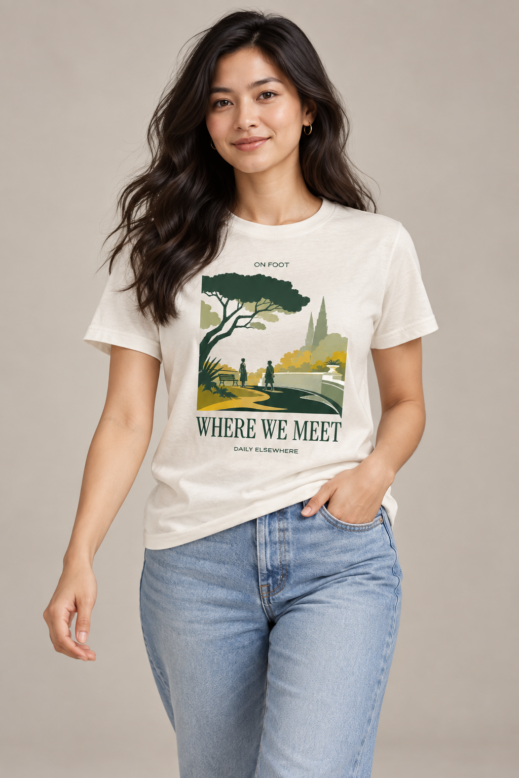 Where We Meet — Female model wearing a light T-shirt with the front artwork. Daily Elsewhere.