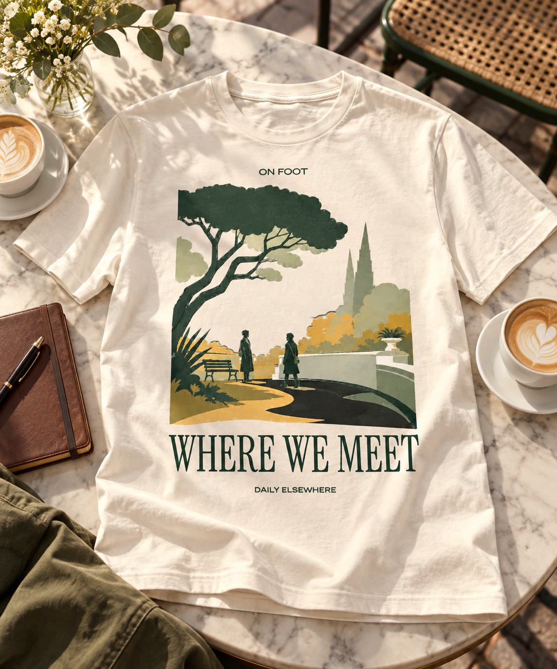 Where We Meet — Dark T-shirt with light front artwork on a contextual background. Daily Elsewhere.