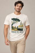 Where We Meet — Male model wearing a light T-shirt with the front artwork. Daily Elsewhere.