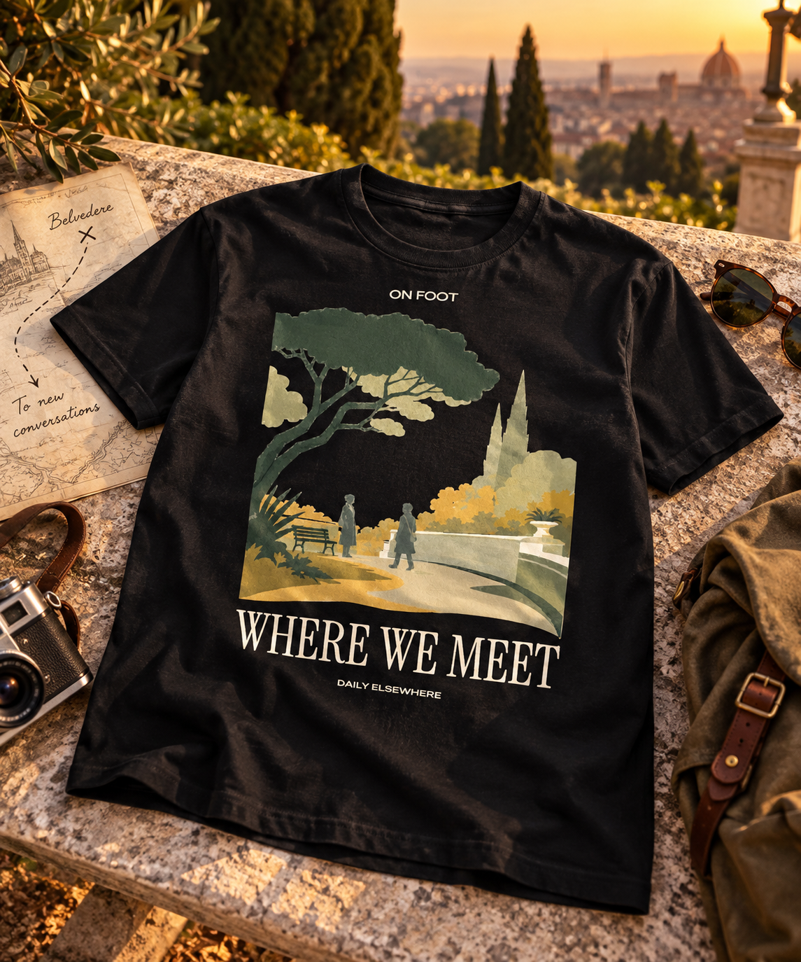 Where We Meet — Light T-shirt with the front artwork on a contextual background. Daily Elsewhere.