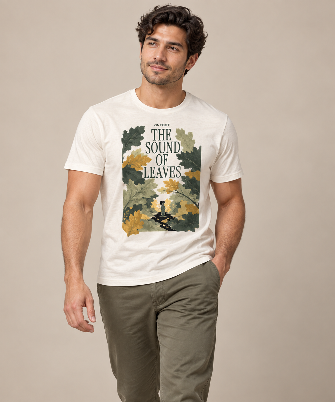 The Sound Of Leaves — Male model wearing a light T-shirt with the front artwork. Daily Elsewhere.