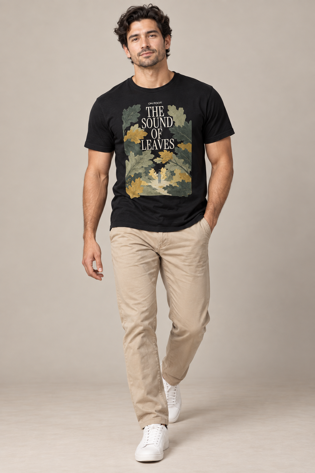 The Sound Of Leaves — Female model wearing a dark T-shirt with light front artwork. Daily Elsewhere.