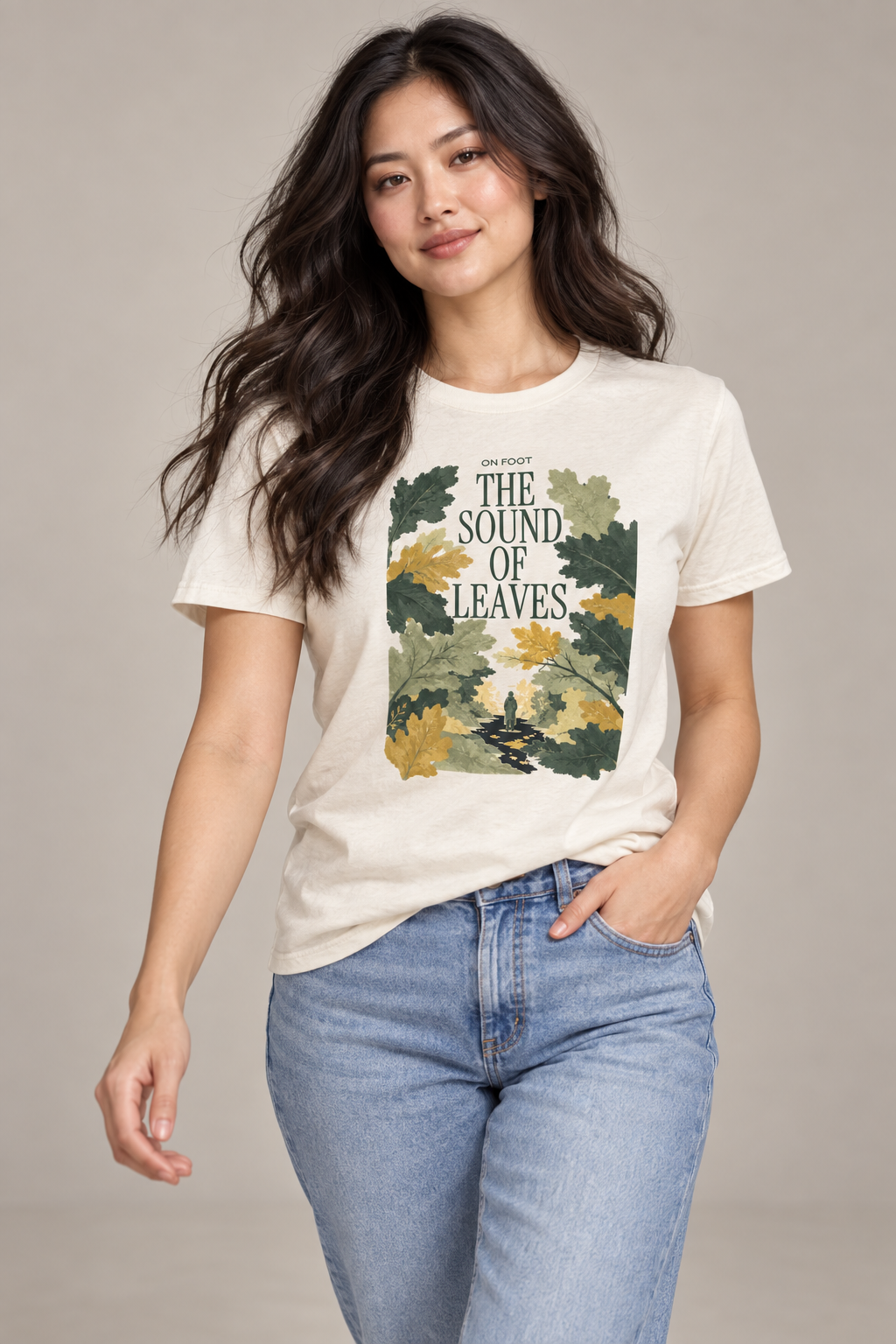 The Sound Of Leaves — Female model wearing a light T-shirt with the front artwork. Daily Elsewhere.