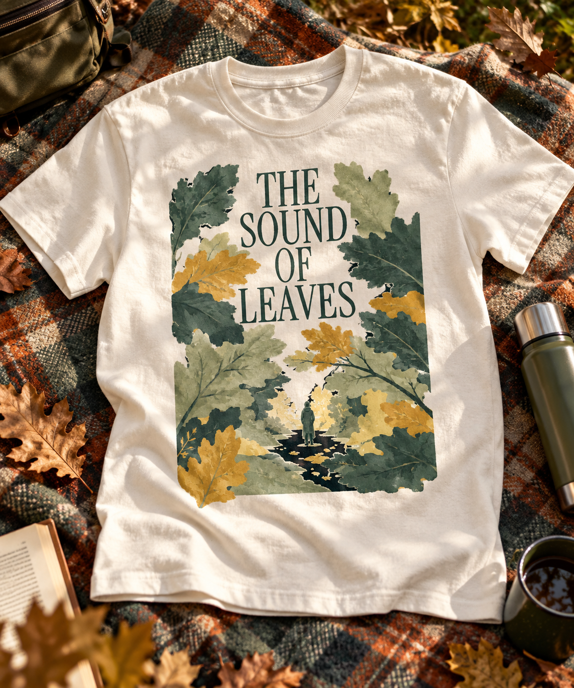 The Sound Of Leaves — Light T-shirt with the front artwork on a contextual background. Daily Elsewhere.
