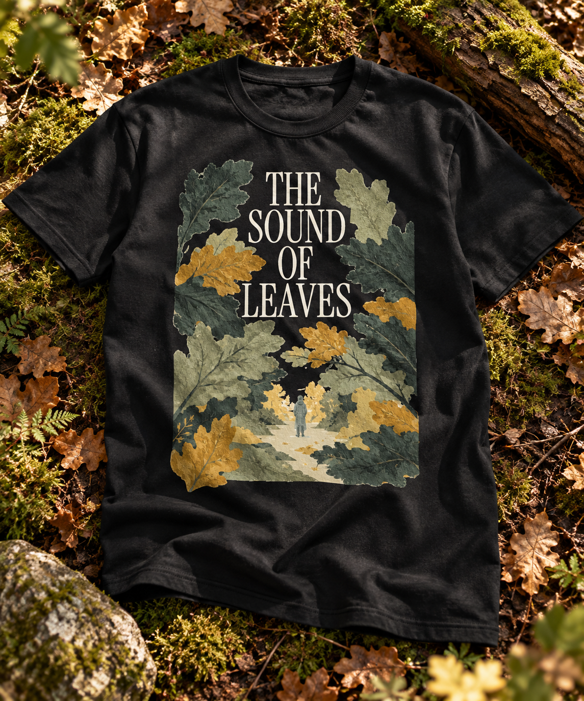 The Sound Of Leaves — Male model wearing a dark T-shirt with light front artwork. Daily Elsewhere.