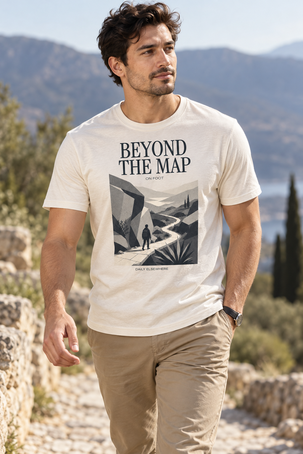Beyond The Map — Male model wearing a light T-shirt with the front artwork. Daily Elsewhere.