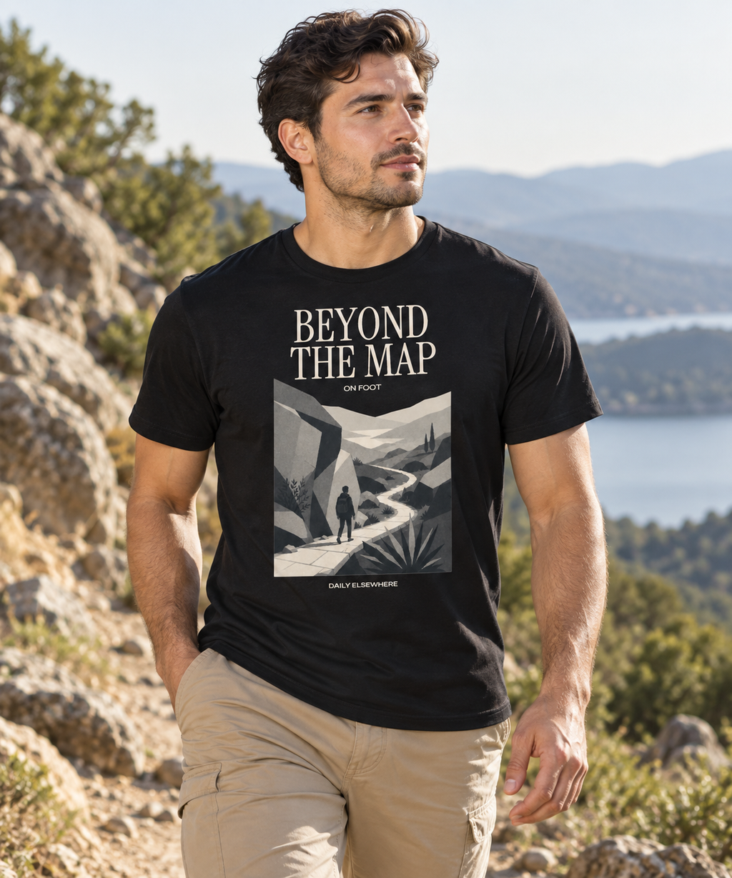 Beyond The Map — Female model wearing a dark T-shirt with light front artwork. Daily Elsewhere.