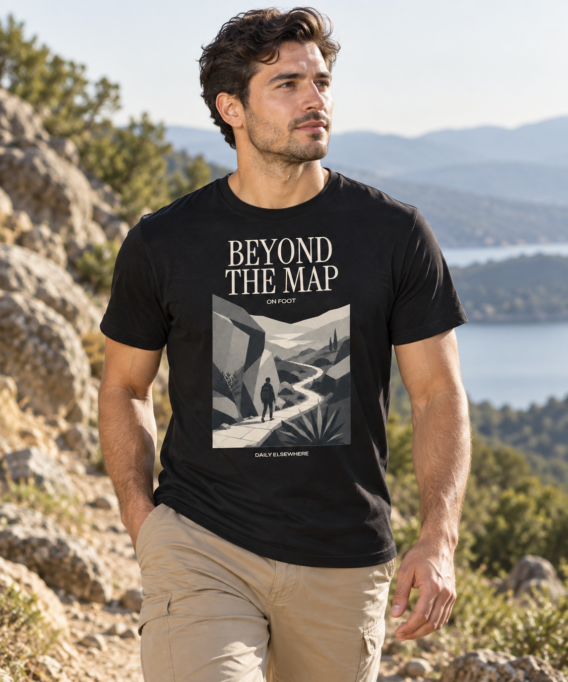 Beyond The Map — Female model wearing a dark T-shirt with light front artwork. Daily Elsewhere.