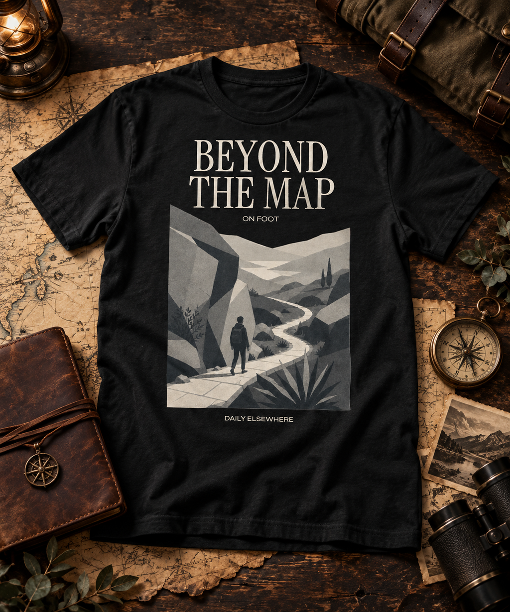 Beyond The Map — Light T-shirt with the front artwork on a contextual background. Daily Elsewhere.