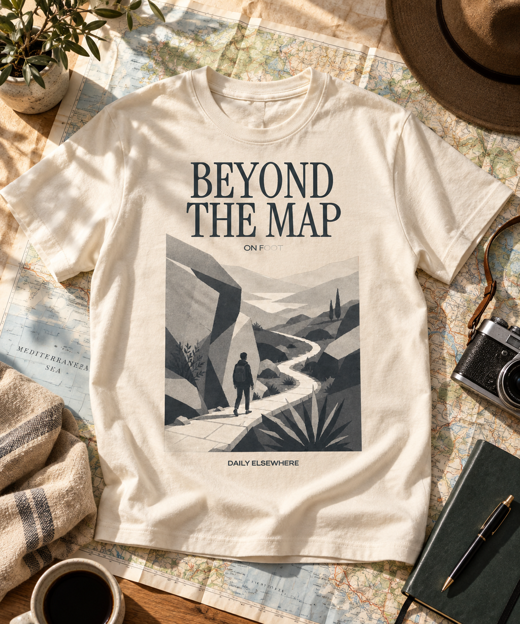 Beyond The Map — Dark T-shirt with light front artwork on a contextual background. Daily Elsewhere.