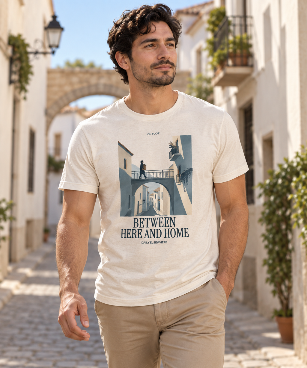 Between Here And Home — Male model wearing a light T-shirt with the front artwork. Daily Elsewhere.