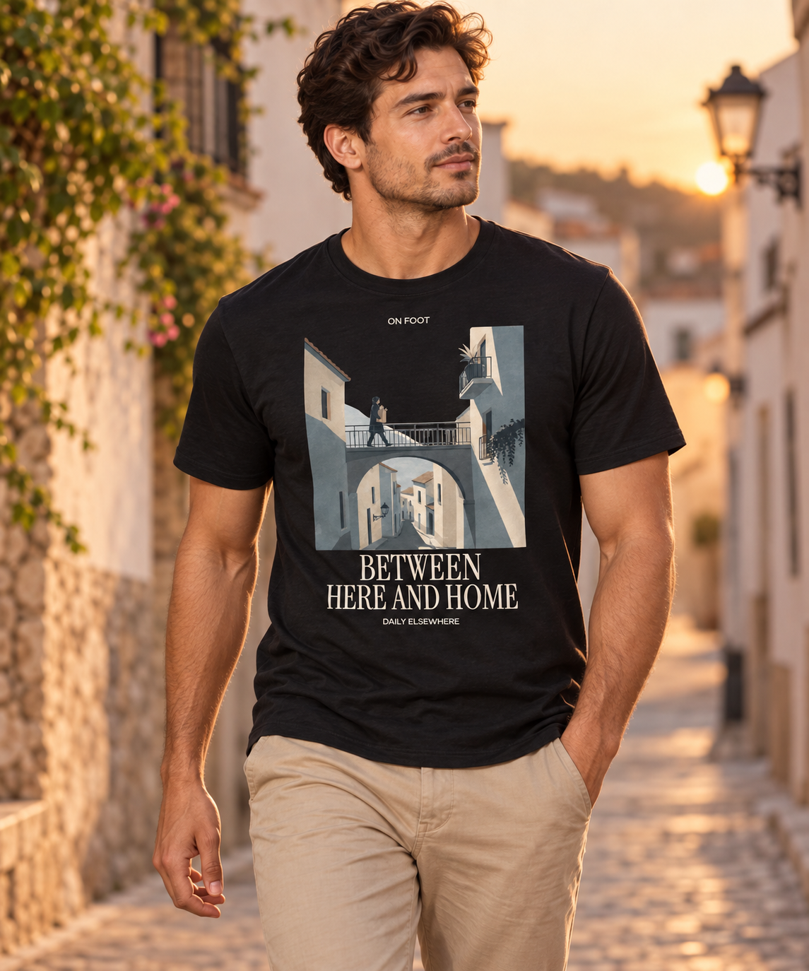 Between Here And Home — Female model wearing a dark T-shirt with light front artwork. Daily Elsewhere.