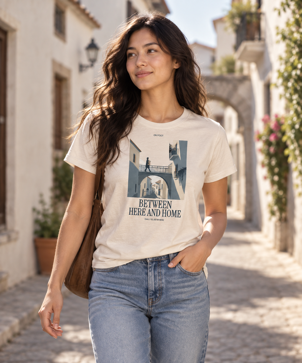 Between Here And Home — Female model wearing a light T-shirt with the front artwork. Daily Elsewhere.
