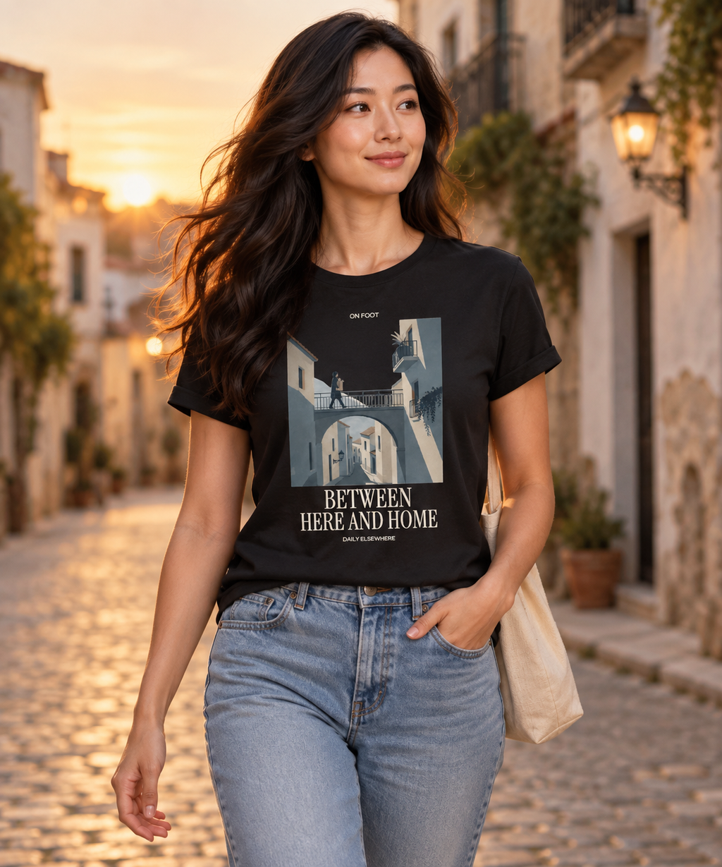 Between Here And Home — Male model wearing a dark T-shirt with light front artwork. Daily Elsewhere.