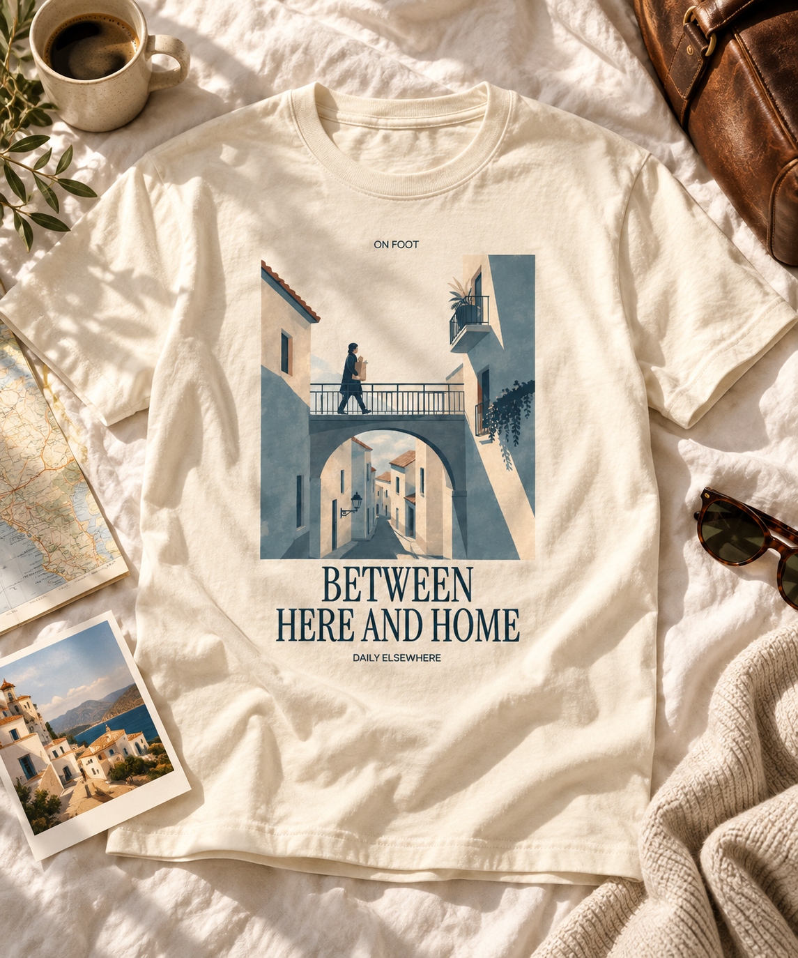 Between Here And Home — Dark T-shirt with light front artwork on a contextual background. Daily Elsewhere.