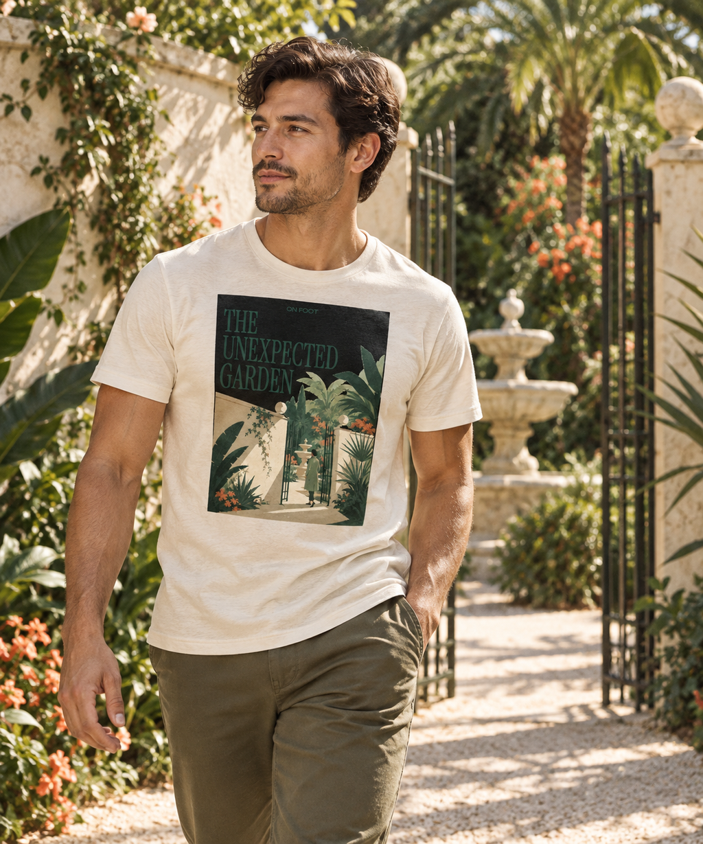 The Unexpected Garden — Male model wearing a light T-shirt with the front artwork. Daily Elsewhere.