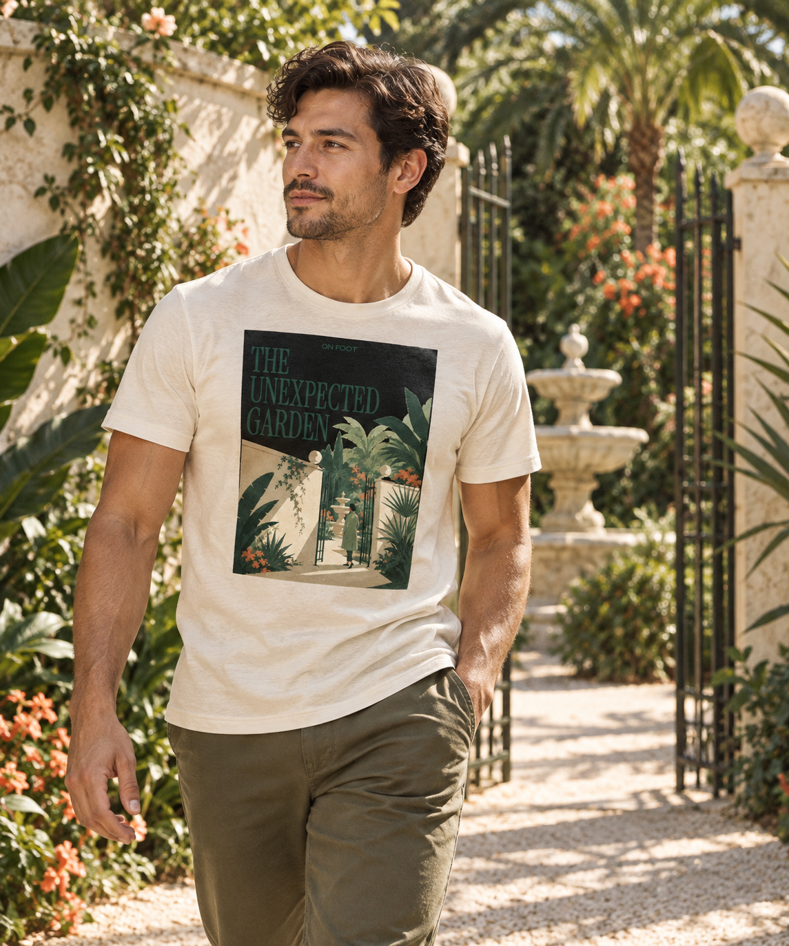 The Unexpected Garden — Male model wearing a light T-shirt with the front artwork. Daily Elsewhere.
